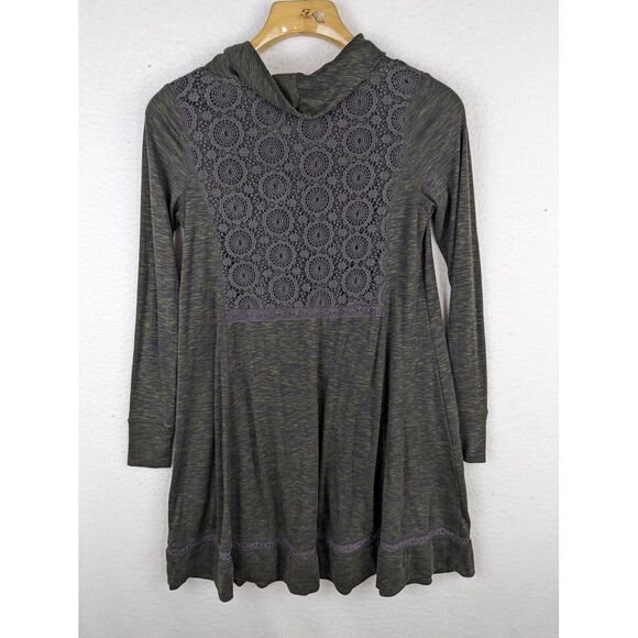 Saturday Sunday Anthro Tunic Dress Green Crochet Detail XS Cowl Neck Flared - Picture 7 of 10